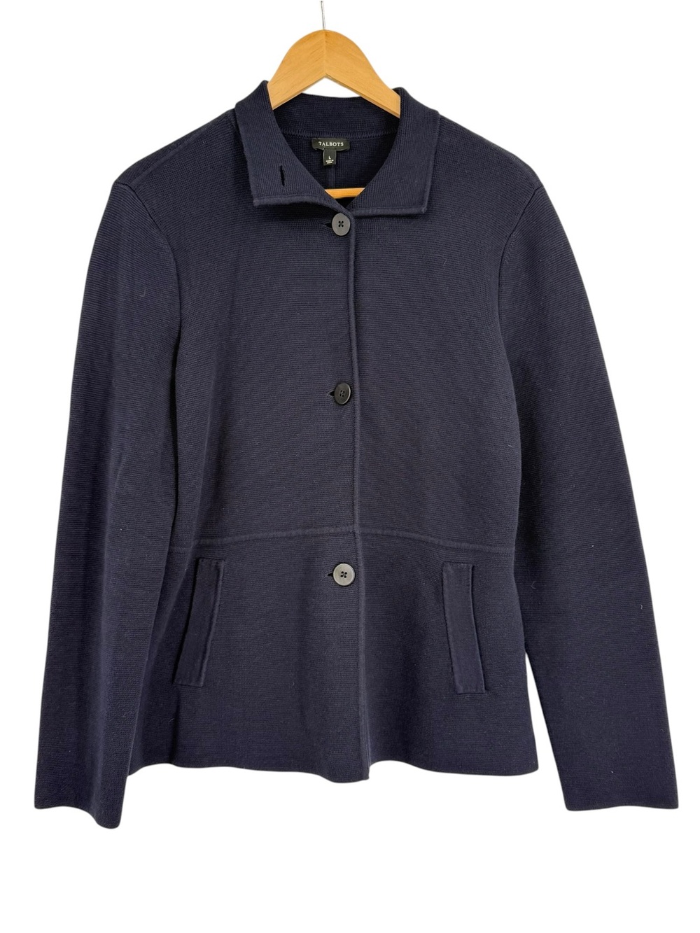 Talbots Blue Sweater Blazer Cardigan Jacket Size L Cotton button Academia Career